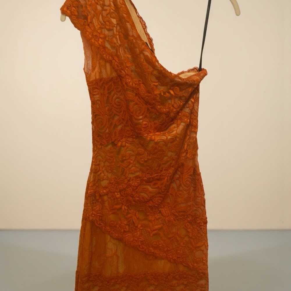 bebe One Shoulder Rust Lace Dress